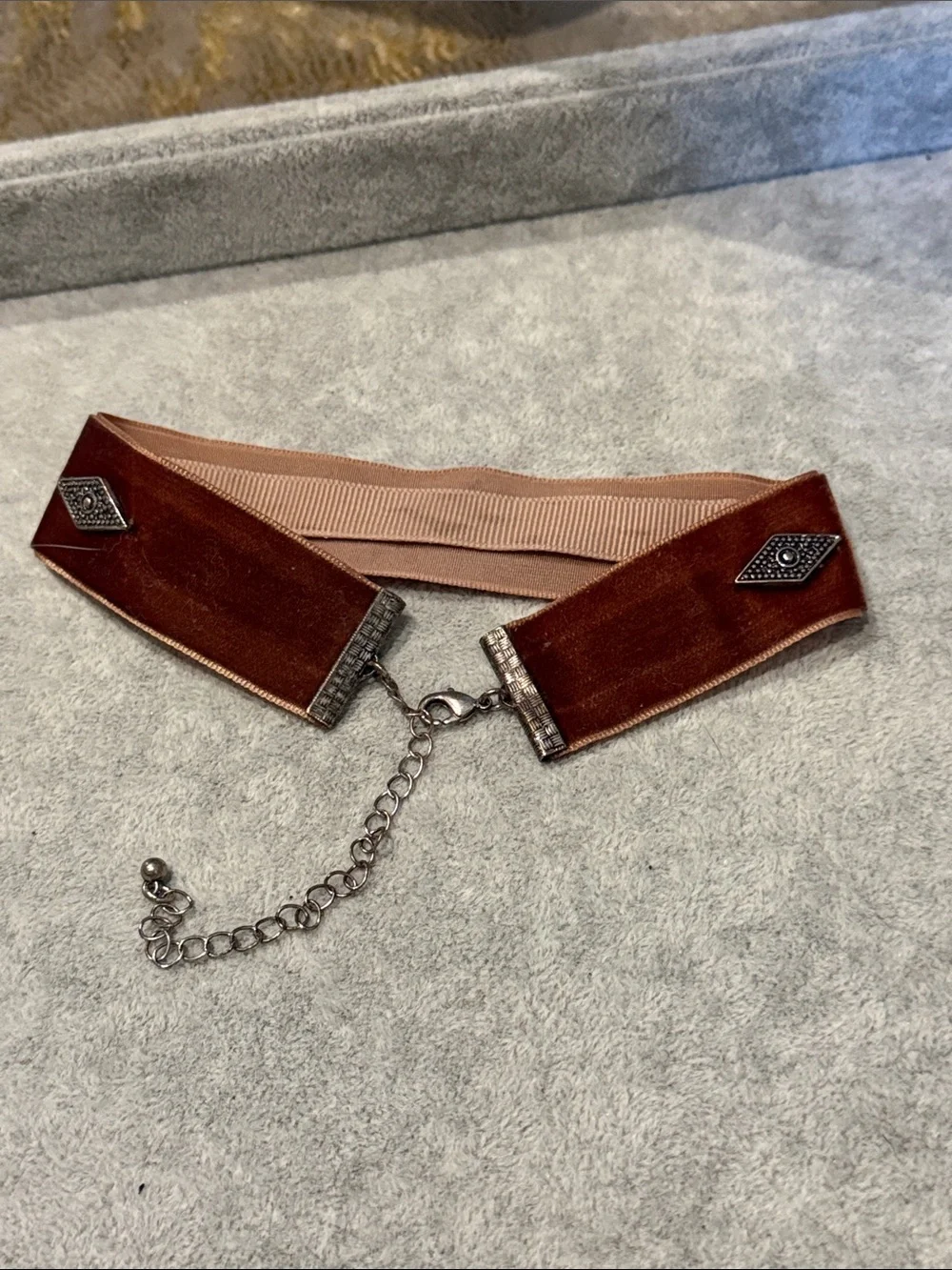 Brown Velvet Choker Necklace with Silver Accents
